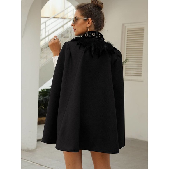 Contrast Feather collar open front Tweed Cape pea Coat gray - Picture 10 of 11